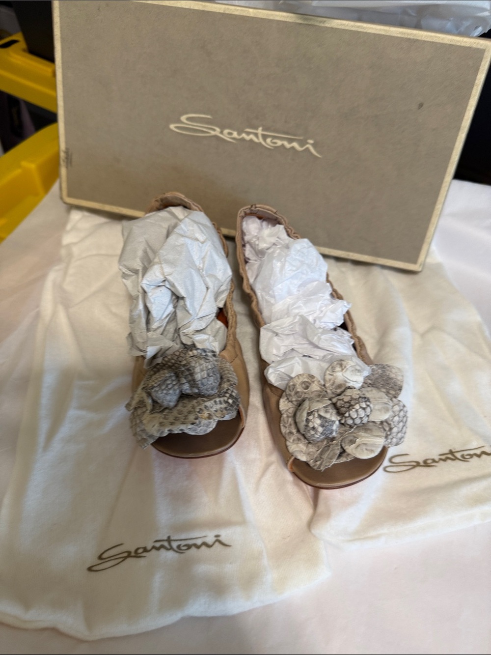 Santoni Beige Leather Floral Appliqué Sandals